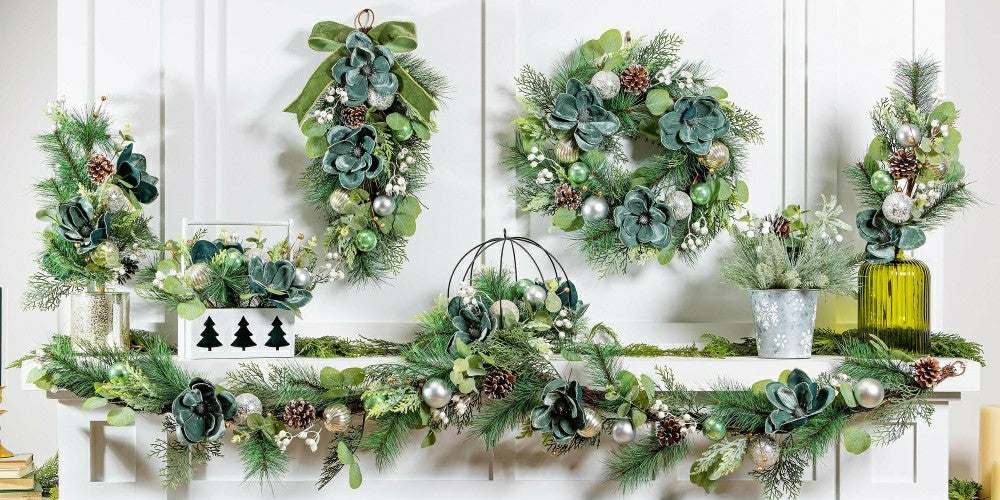 Shades of Green Stem Artificial with Ornaments, 25"H | Plow & Hearth