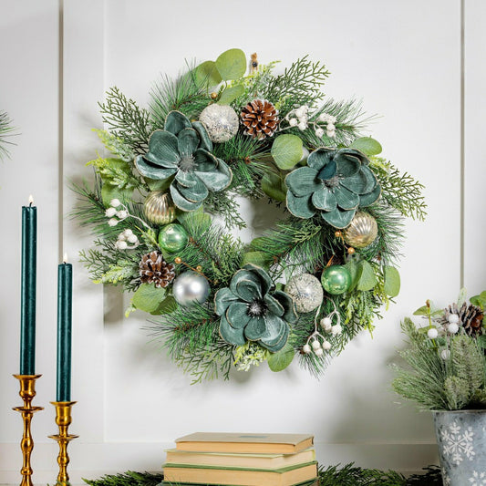 Shades of Green Wreath Artificial with Ornaments, 20"H | Plow & Hearth