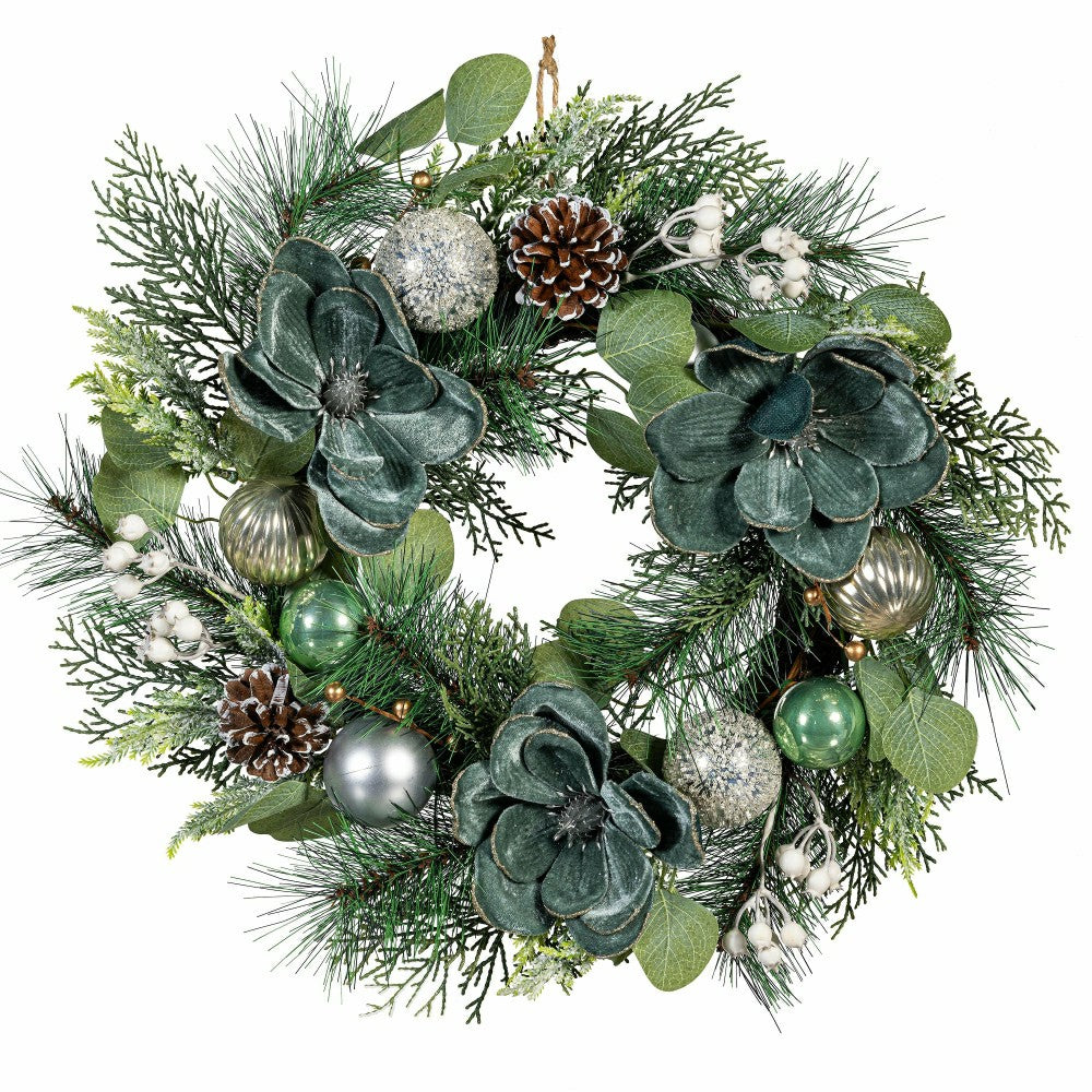 Shades of Green Wreath Artificial with Ornaments, 20"H | Plow & Hearth