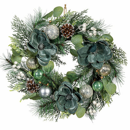 Shades of Green Wreath Artificial with Ornaments, 20"H | Plow & Hearth