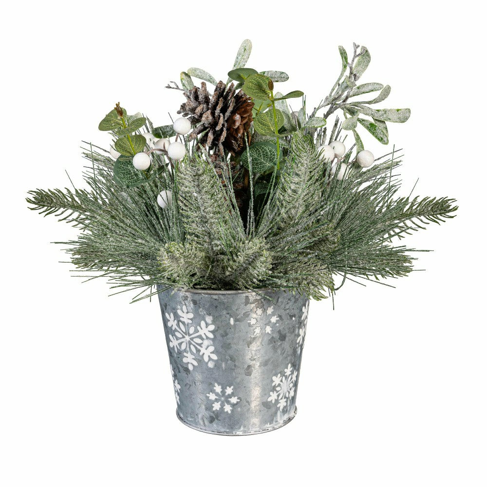 Artificial Frosted Pine in a Metal Pot Floral Table Decor, 13" H | Plow & Hearth