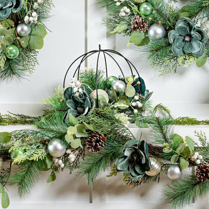 Shades of Green Hanging Décor Artificial with Metal Orb and Ornaments, | Plow & Hearth