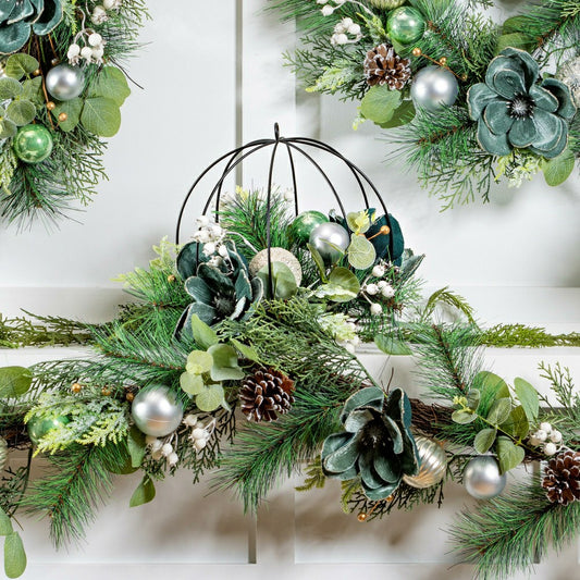 Shades of Green Hanging Décor Artificial with Metal Orb and Ornaments, | Plow & Hearth