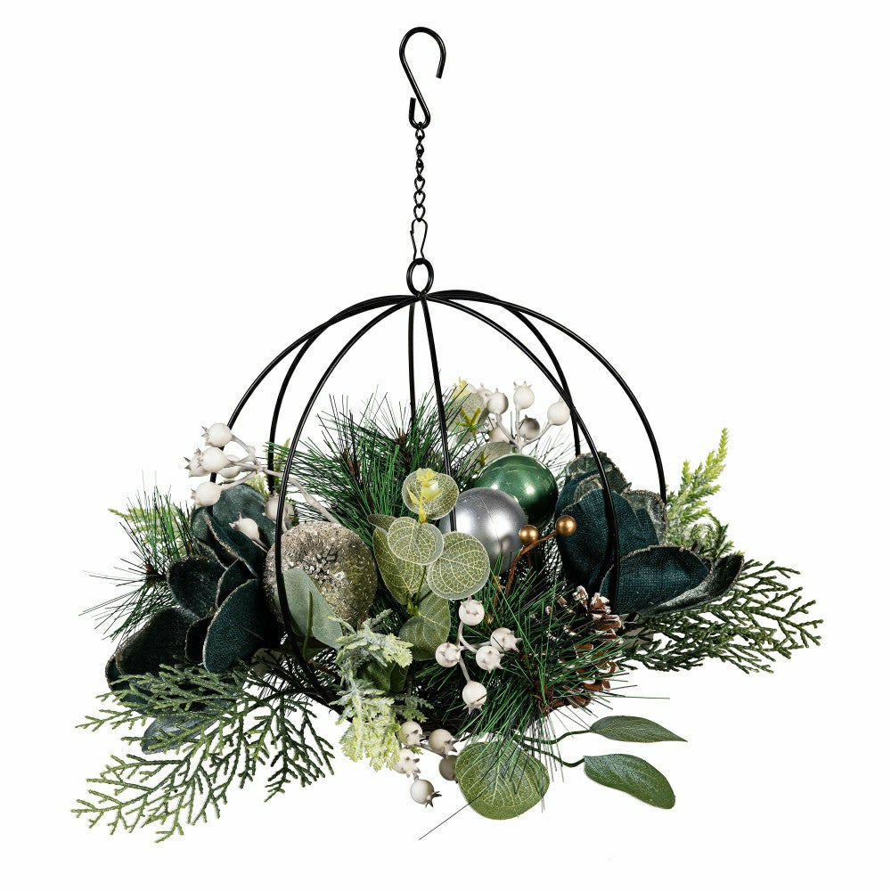 Shades of Green Hanging Décor Artificial with Metal Orb and Ornaments, | Plow & Hearth