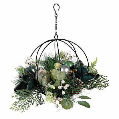 Shades of Green Hanging Décor Artificial with Metal Orb and Ornaments, | Plow & Hearth