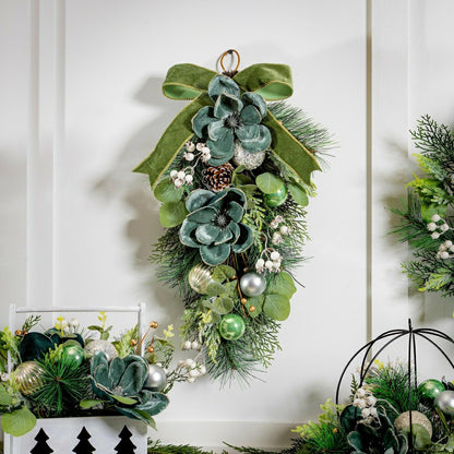 Shades of Emerald Swag Artificial with Ornaments, 25"H | Plow & Hearth