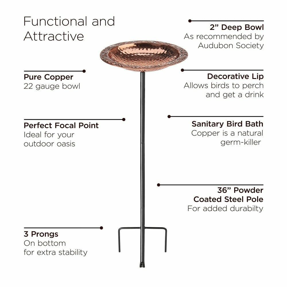 Pure Copper Birdbath on Powder-Coated Steel Pole With Sturdy Three-Pro | Plow & Hearth