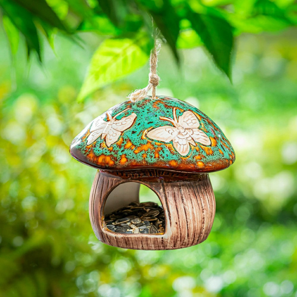 Garden of Wonder Bird Feeder, Ceramic Fantasy Green Mushroom | Plow & Hearth