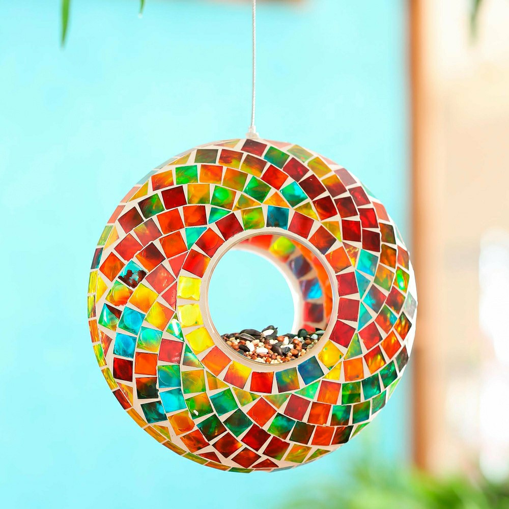 Tropical Oasis Bird Feeder, Acrylic Mosaic Glass Rainbow Feeder, 9.25" | Plow & Hearth