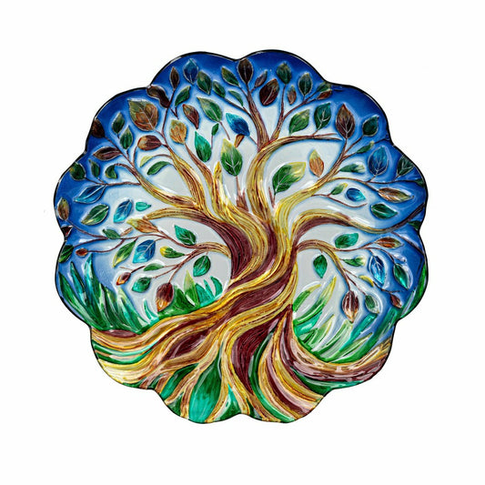 Harvest Blossoms Birdbath,Tree of Life Hand Painted Glass Birdbath, 18 | Plow & Hearth