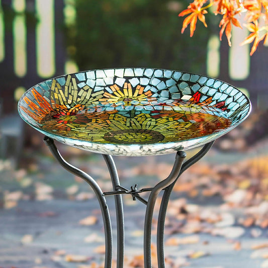 18" Glass Bird Bath, Moasic Translucent and Metallic Finish | Plow & Hearth