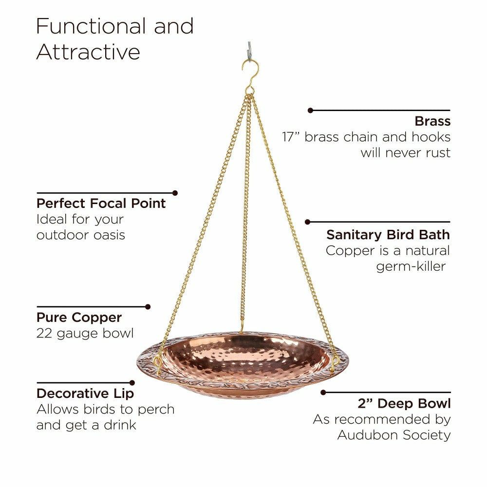 Pure Copper Hanging Birdbath on 17" Long Brass Chain with Hook | Plow & Hearth