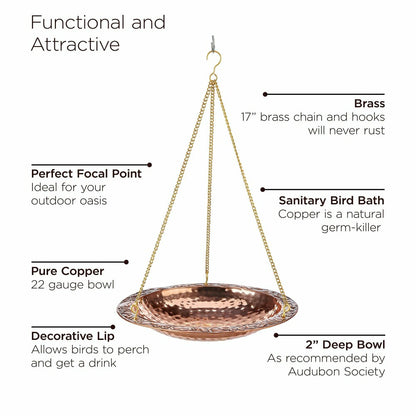 Pure Copper Hanging Birdbath on 17" Long Brass Chain with Hook | Plow & Hearth