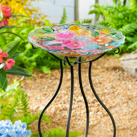 What She Shed Birdbath, Glass Bundle of Flowers, 18" | Plow & Hearth