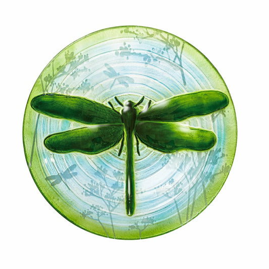 18"Hand Painted and Embossed Glass Bird Bath, Fluttering Dragonfly Pon | Plow & Hearth