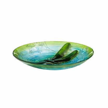 18"Hand Painted and Embossed Glass Bird Bath, Fluttering Dragonfly Pon | Plow & Hearth