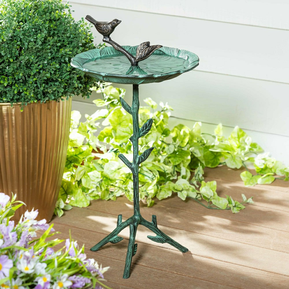 Cottage Garden Birdbath, Metal Green Birdbath with Stand, 12" | Plow & Hearth