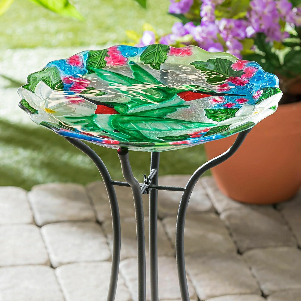 Pollinator Garden Birdbath, Hand Painted Hummingbird Bouquets, 18" | Plow & Hearth
