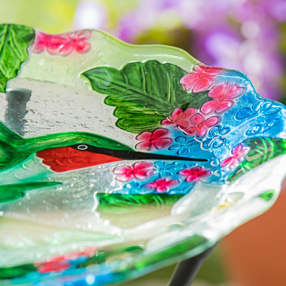 Pollinator Garden Birdbath, Hand Painted Hummingbird Bouquets, 18" | Plow & Hearth