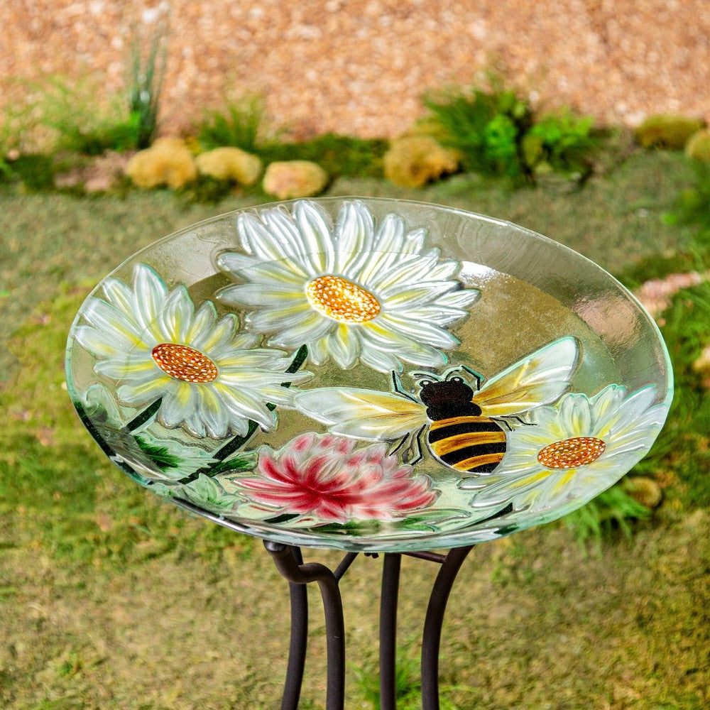 Cottage Garden Birdbath, Hand Painted Daisies and Bees, 18" | Plow & Hearth