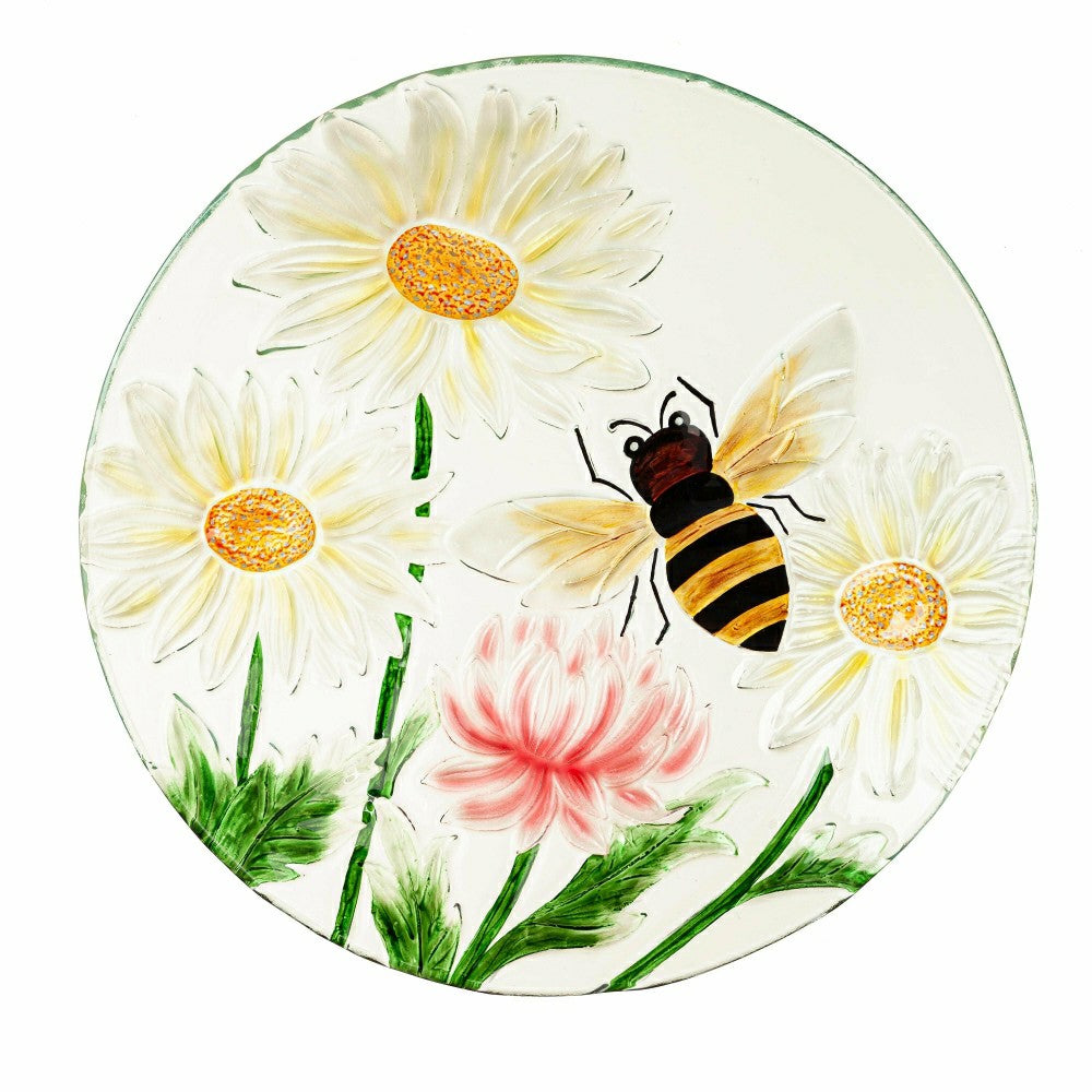 Cottage Garden Birdbath, Hand Painted Daisies and Bees, 18" | Plow & Hearth