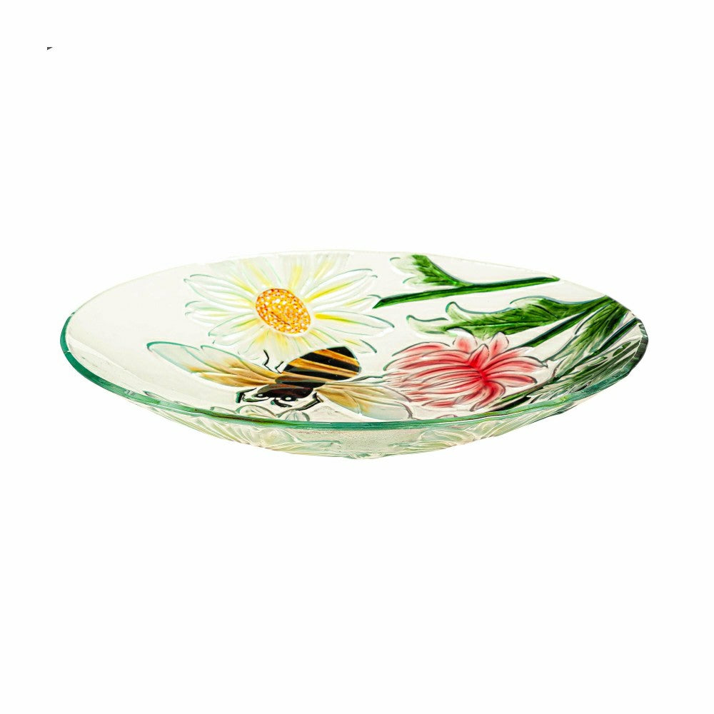 Cottage Garden Birdbath, Hand Painted Daisies and Bees, 18" | Plow & Hearth