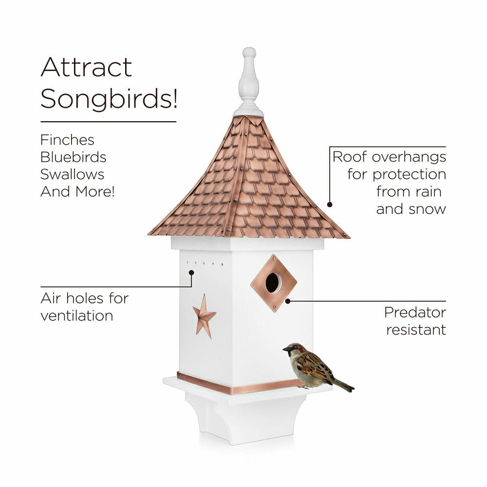 White Villa-Style Birdhouse with Hand-Hammered Copper Roof and Accents | Plow & Hearth