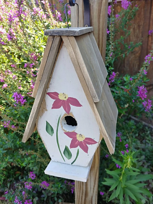 A Framed Bird House with Hand-Painted flowers and Wood Roof | Plow & Hearth