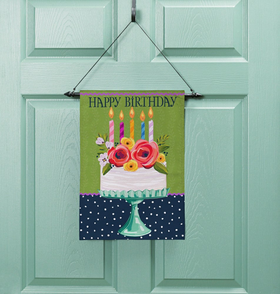 Floral Happy Birthday Cake Burlap Garden Flag | Plow & Hearth