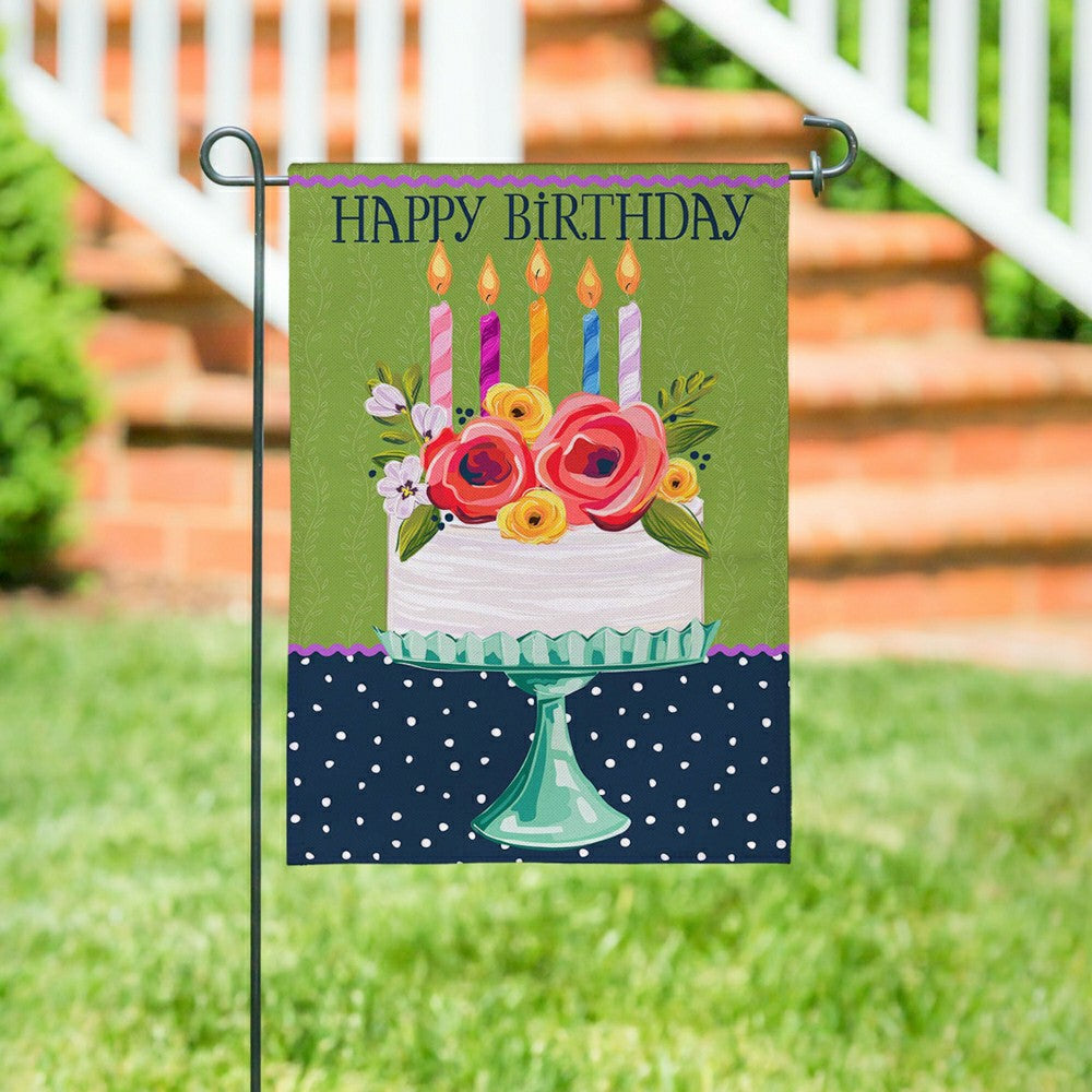 Floral Happy Birthday Cake Burlap Garden Flag | Plow & Hearth