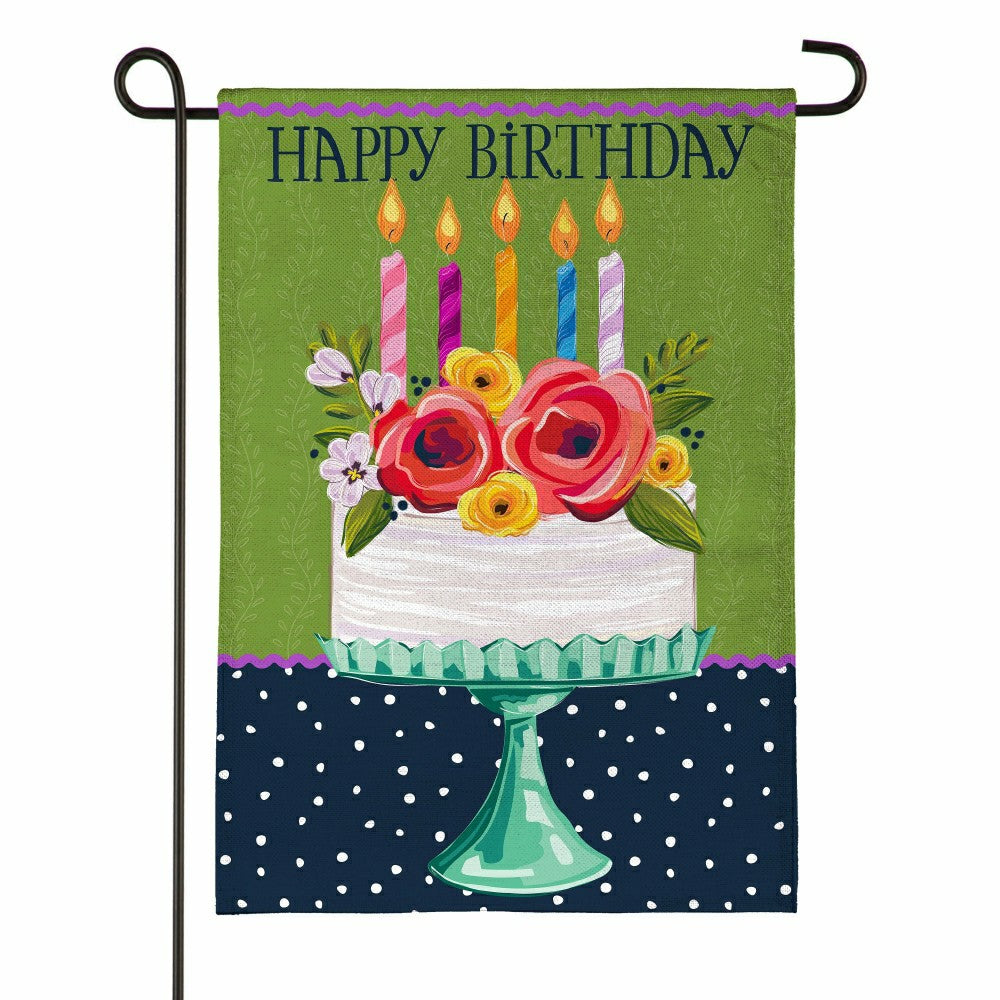 Floral Happy Birthday Cake Burlap Garden Flag | Plow & Hearth