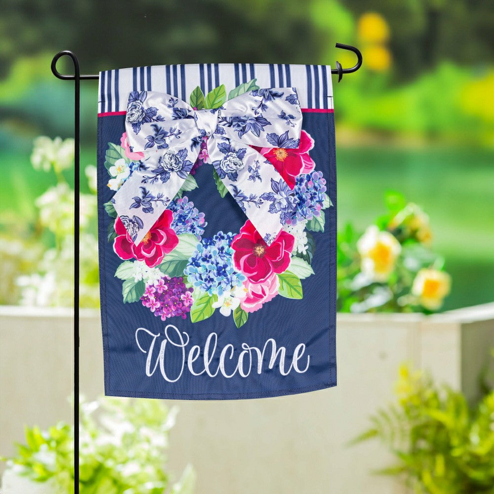 Chinoiserie Bow Floral Wreath Applique Garden Flag | Plow & Hearth
