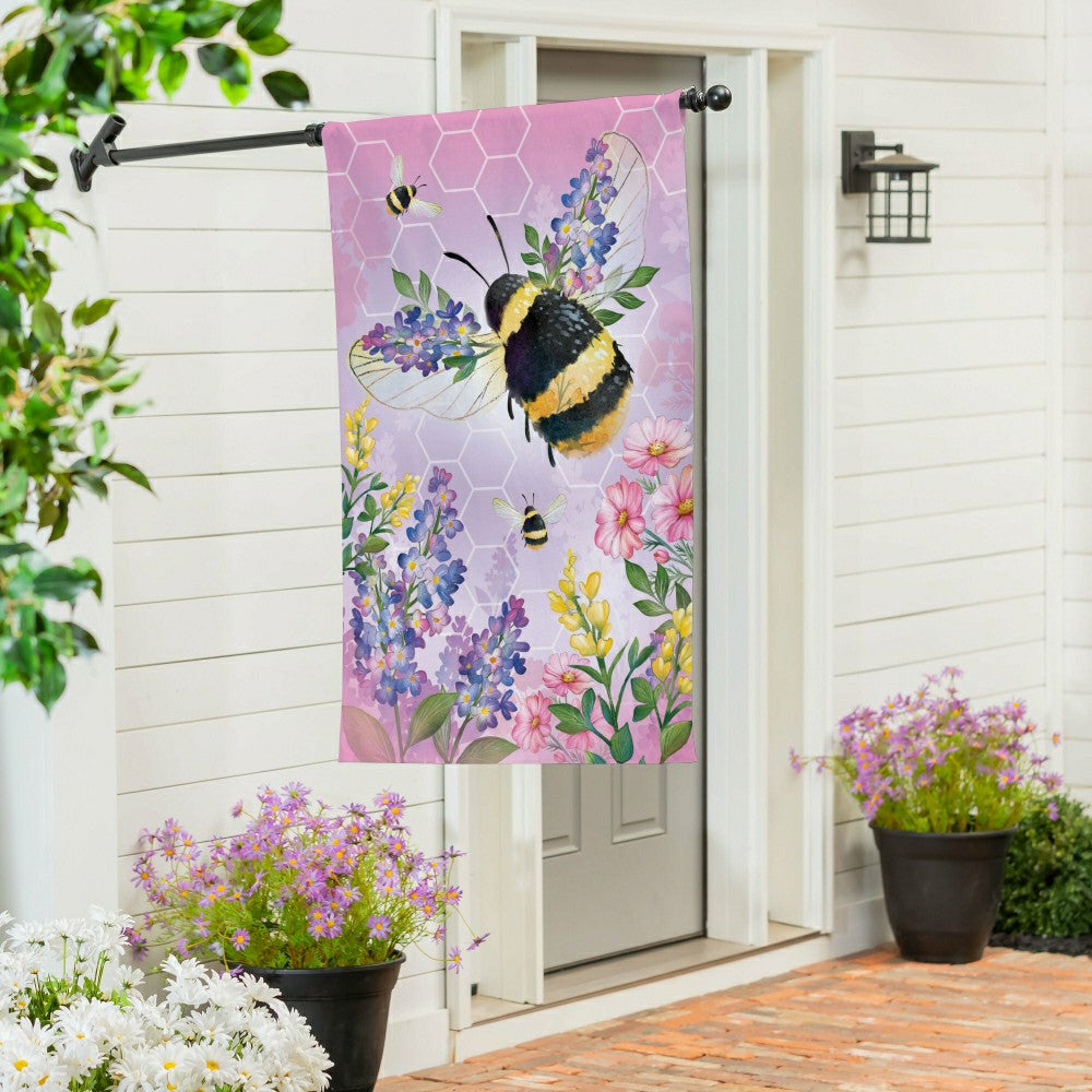 Cottage Garden Pink Florals Bee Burlap House Flag | Plow & Hearth