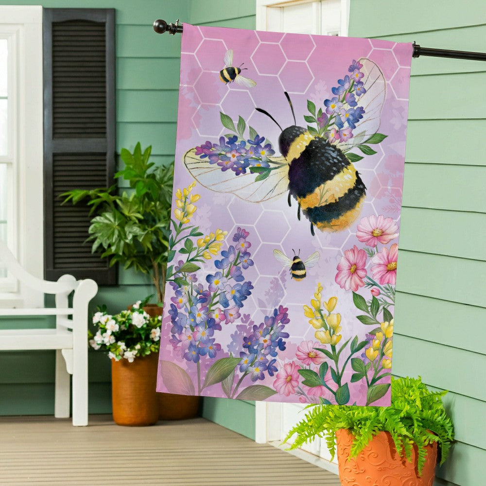 Cottage Garden Pink Florals Bee Burlap House Flag | Plow & Hearth