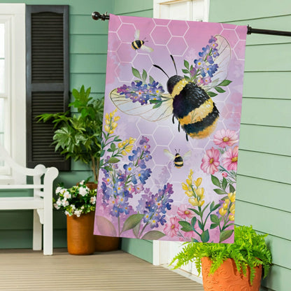Cottage Garden Pink Florals Bee Burlap House Flag | Plow & Hearth