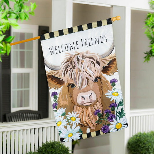 Hillside Pasture Highland Cow Welcome Friends Applique House Flag | Plow & Hearth
