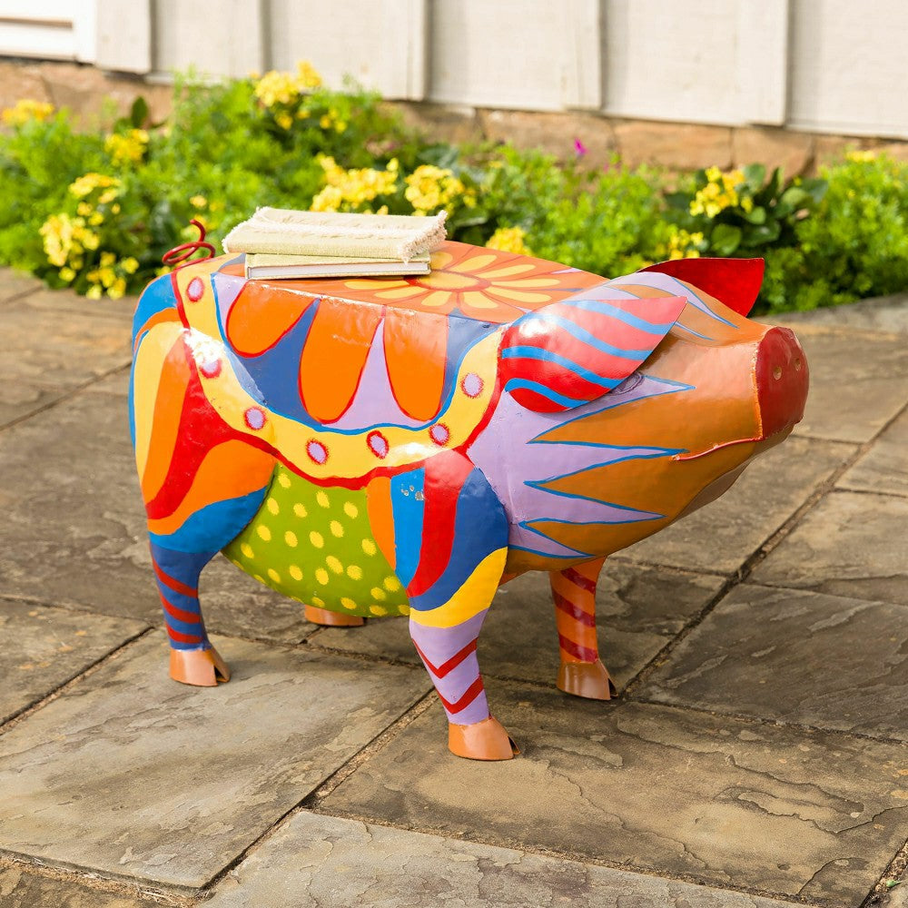 Colorful Folk Art Pig Side Table | Plow & Hearth