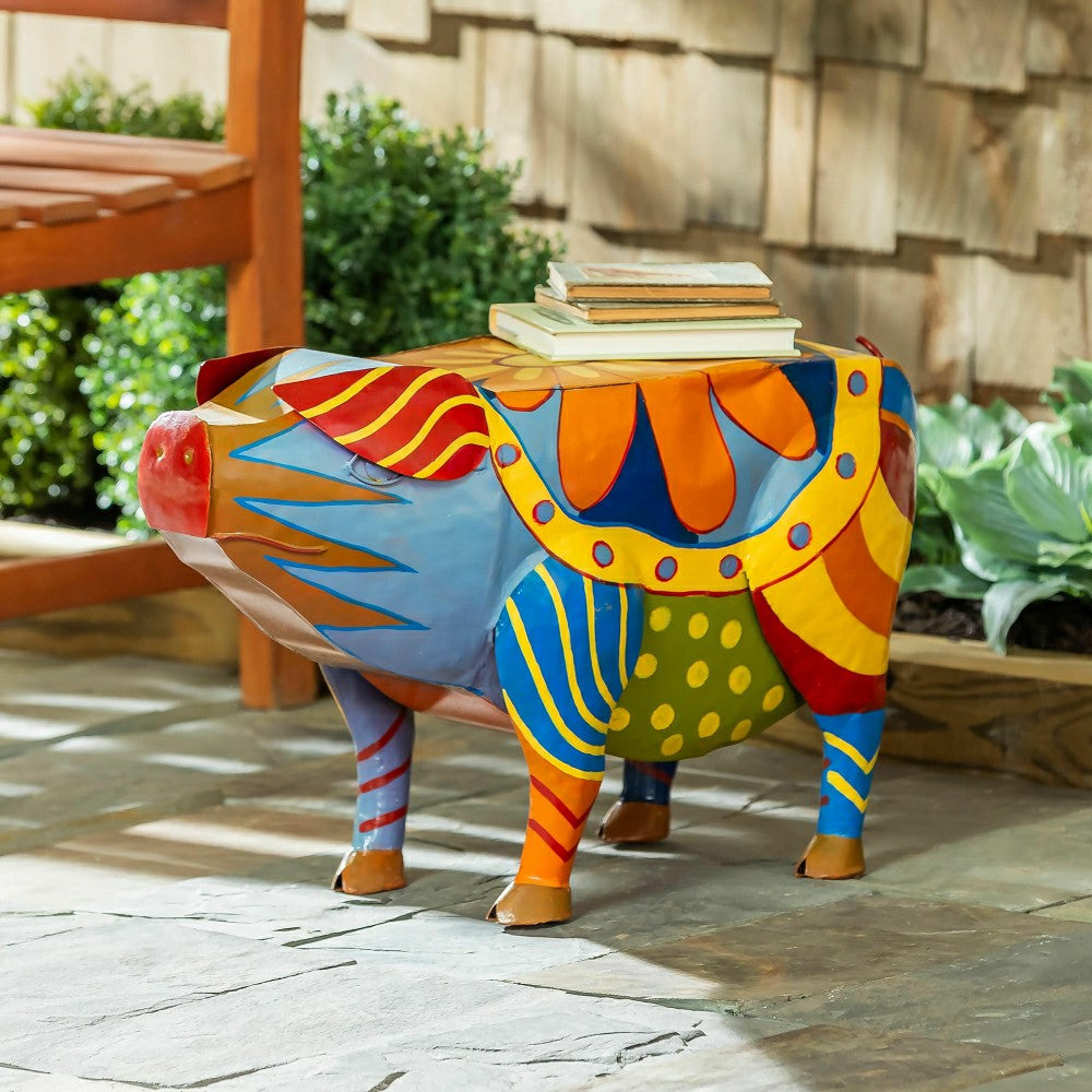 Colorful Folk Art Pig Side Table | Plow & Hearth