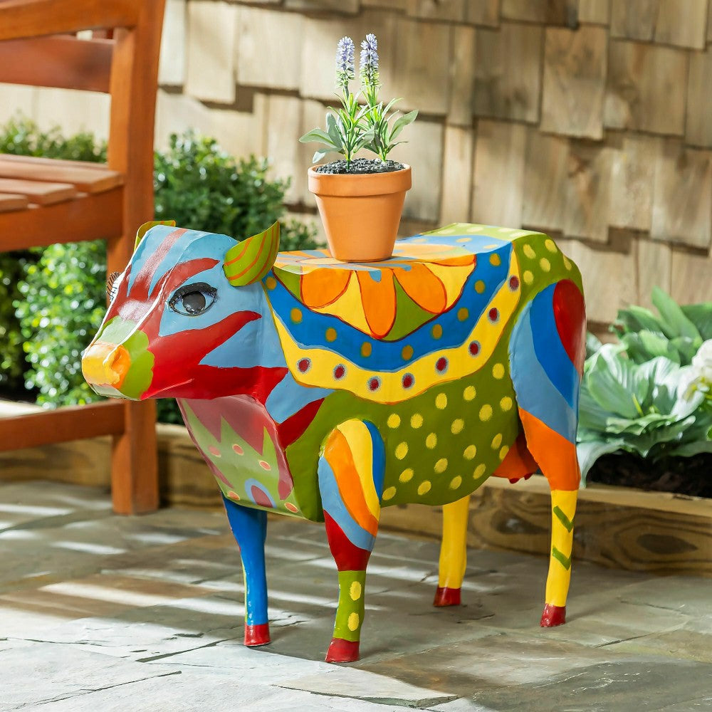 Handmade Colorful Painted Folk Art Cow Metal Side Table | Plow & Hearth