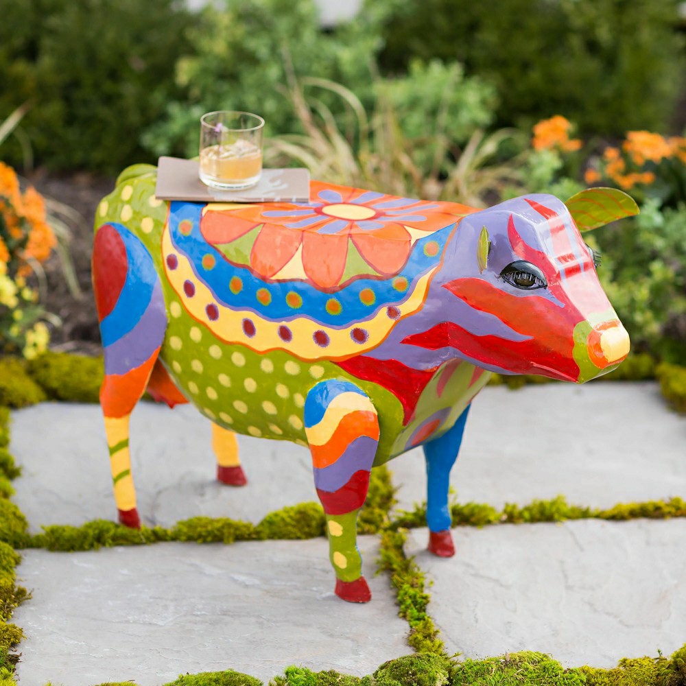 Handmade Colorful Painted Folk Art Cow Metal Side Table | Plow & Hearth