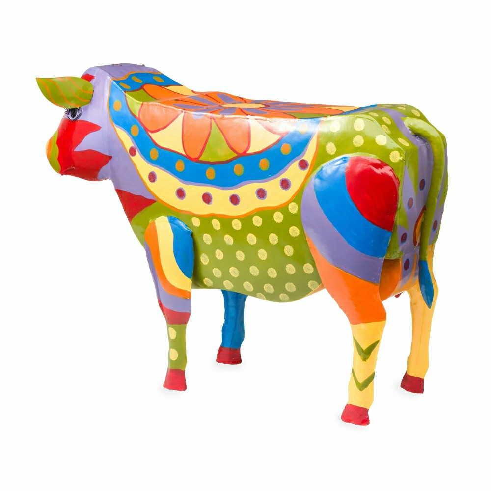 Handmade Colorful Painted Folk Art Cow Metal Side Table | Plow & Hearth
