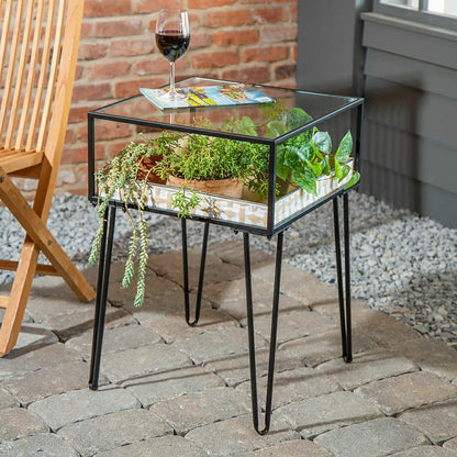 Metal Table with Glass Top and Gold Metal Planter Dish | Plow & Hearth
