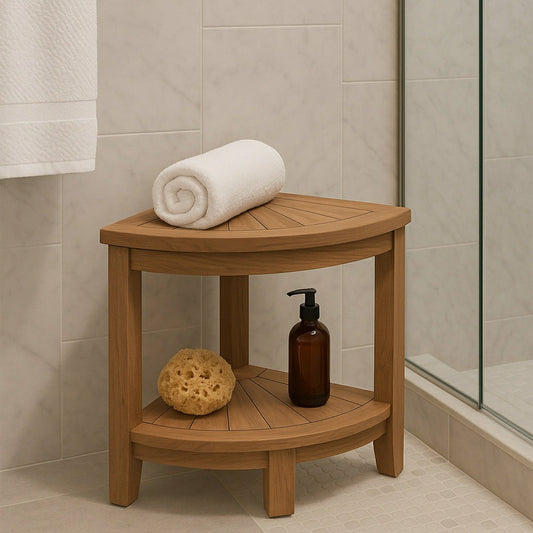 Stanley Natural Teak Shower and Bath Corner Stool with Shelf - 15.7" | Plow & Hearth