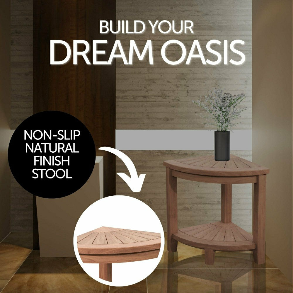 Stanley Natural Teak Shower and Bath Corner Stool with Shelf - 15.7" | Plow & Hearth