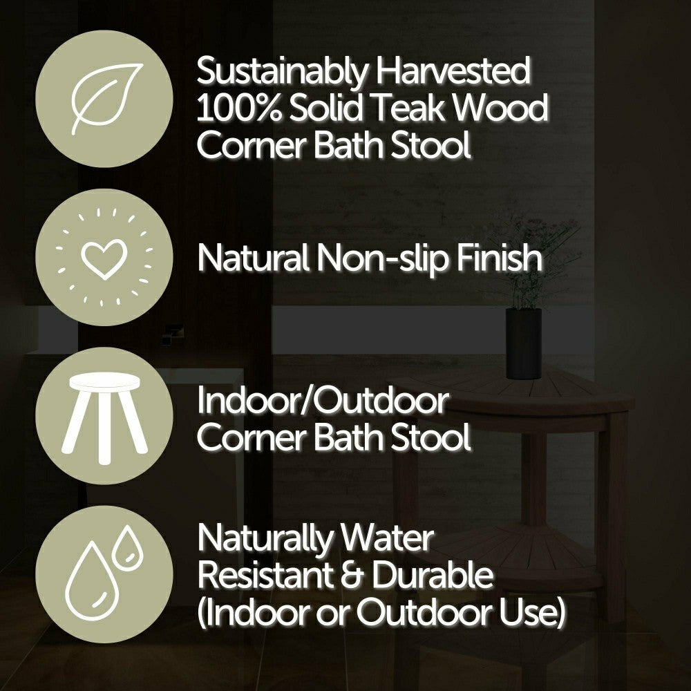Stanley Natural Teak Shower and Bath Corner Stool with Shelf - 15.7" | Plow & Hearth