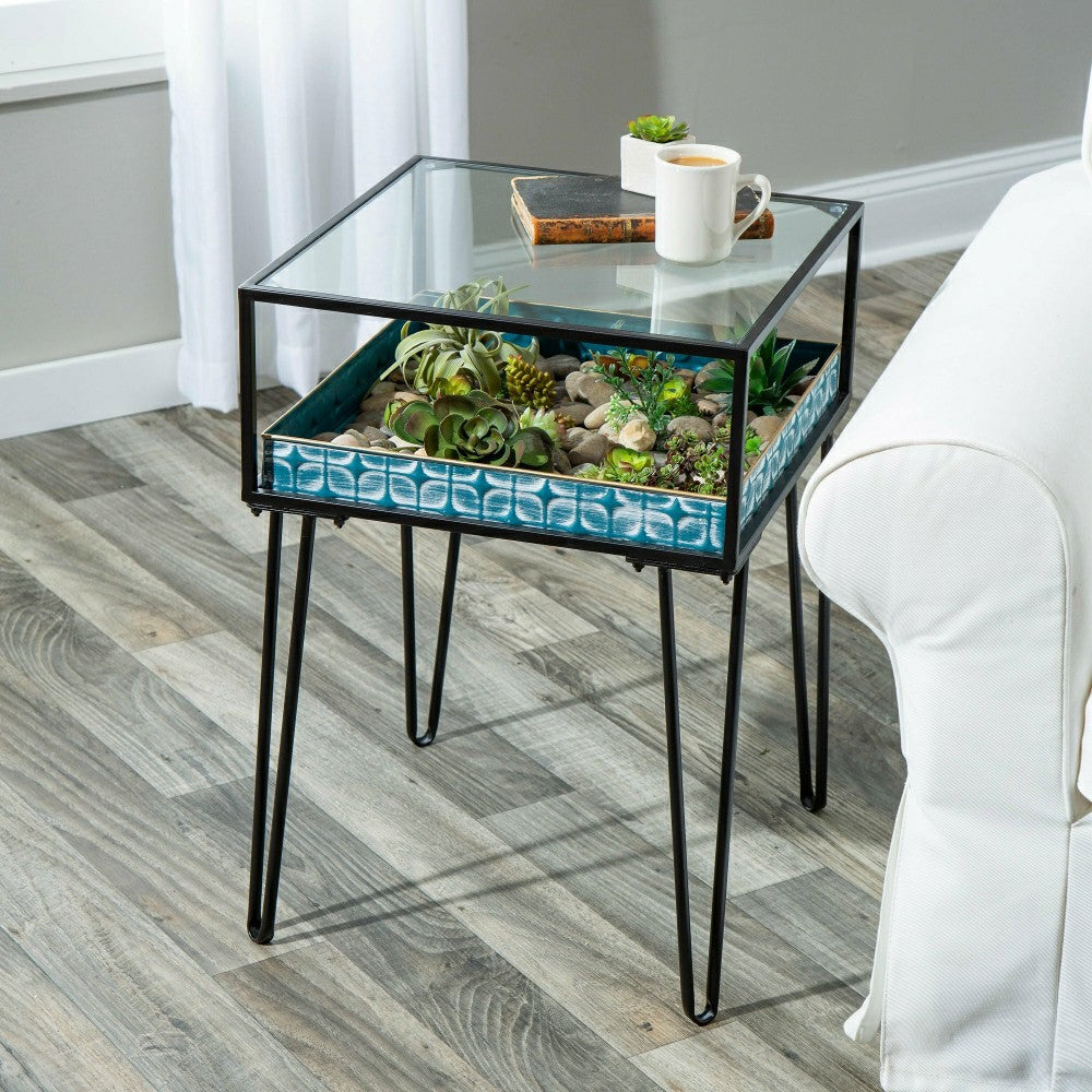 Metal Table with Glass Top and Teal Metal Planter Dish | Plow & Hearth