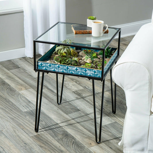 Metal Table with Glass Top and Teal Metal Planter Dish | Plow & Hearth