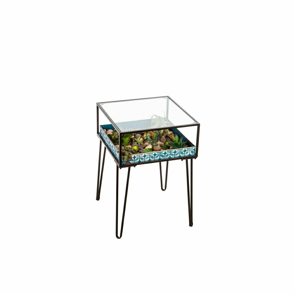 Metal Table with Glass Top and Teal Metal Planter Dish | Plow & Hearth