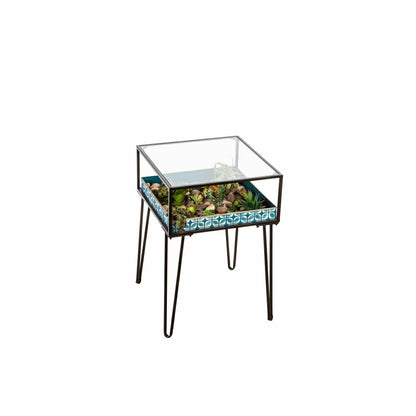 Metal Table with Glass Top and Teal Metal Planter Dish | Plow & Hearth