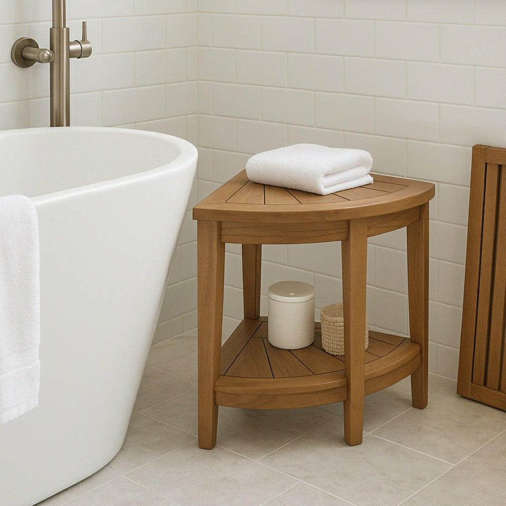 Tanzania Oiled Teak Shower and Bath Corner Stool with Shelf - 17.5" | Plow & Hearth
